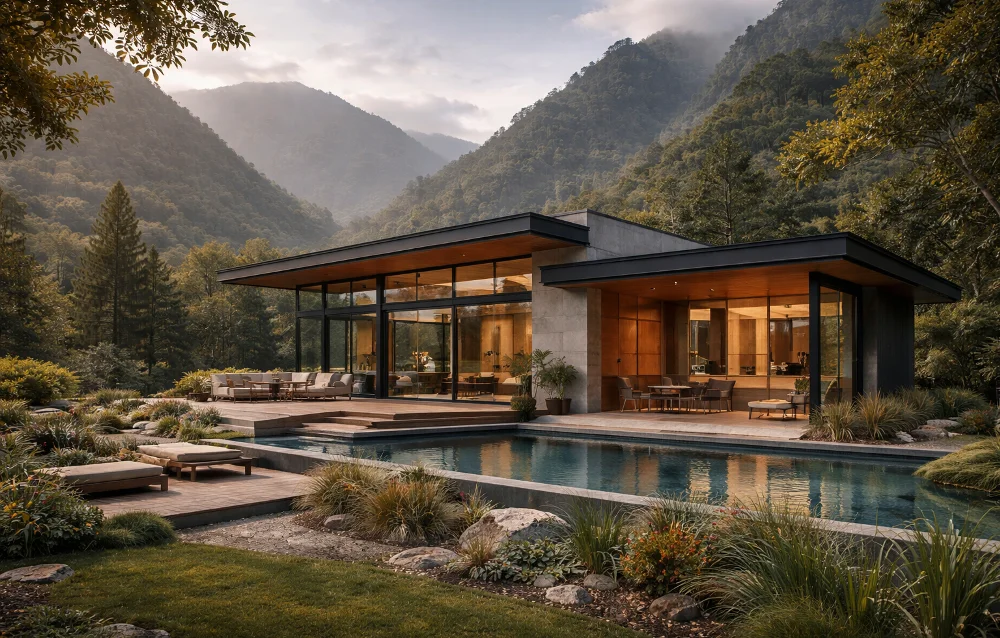 Casa de campo con estructura de acero y acabados en piedra